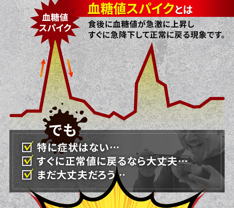 血糖値スパイクとは　でも　特に症状はない…　すぐに正常値に戻るなら大丈夫…　まだ大丈夫だろう…