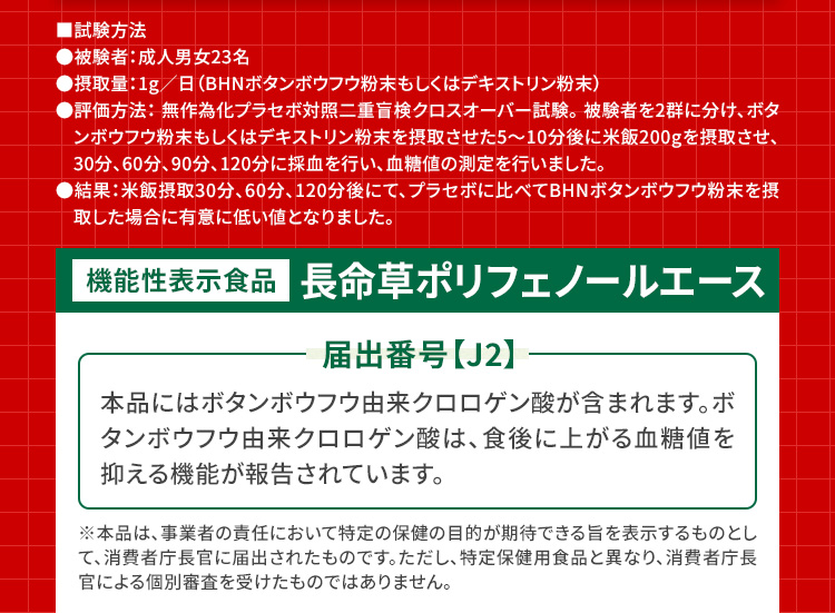 機能性表示食品 長命草ポリフェノールエース　届出番号【J2】本品にはボタンボウフウ由来クロロゲン酸が含まれます。ボタンボウフウ由来クロロゲン酸は、食後に上がる血糖値を抑える機能が報告されています。