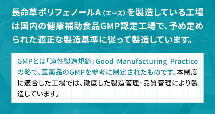 長命草ポリフェノールA（エース）を製造している工場は国内の健康補助食品GMP認定工場で適正な製造基準に従って製造しています。