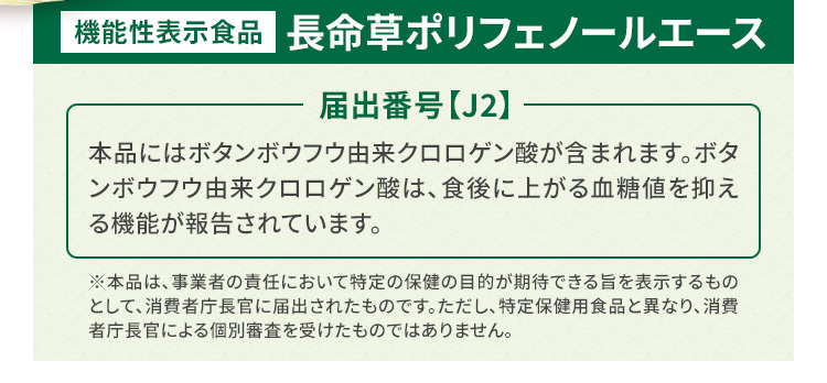 機能性表示食品 長命草ポリフェノールエース　届出番号【J2】本品にはボタンボウフウ由来クロロゲン酸が含まれます。ボタンボウフウ由来クロロゲン酸は、食後に上がる血糖値を抑える機能が報告されています。